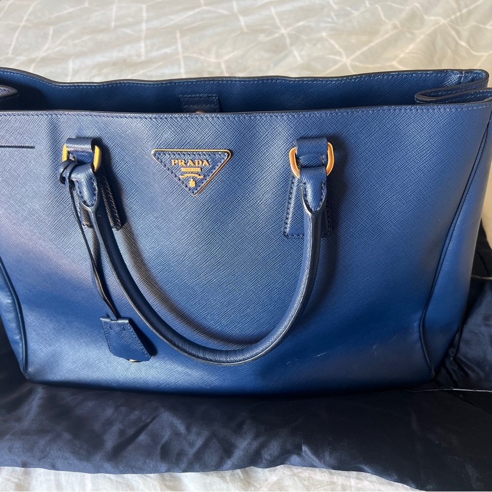 Prada Saffiano Leather Galleria Lux Tote in a stunning shade of blue.